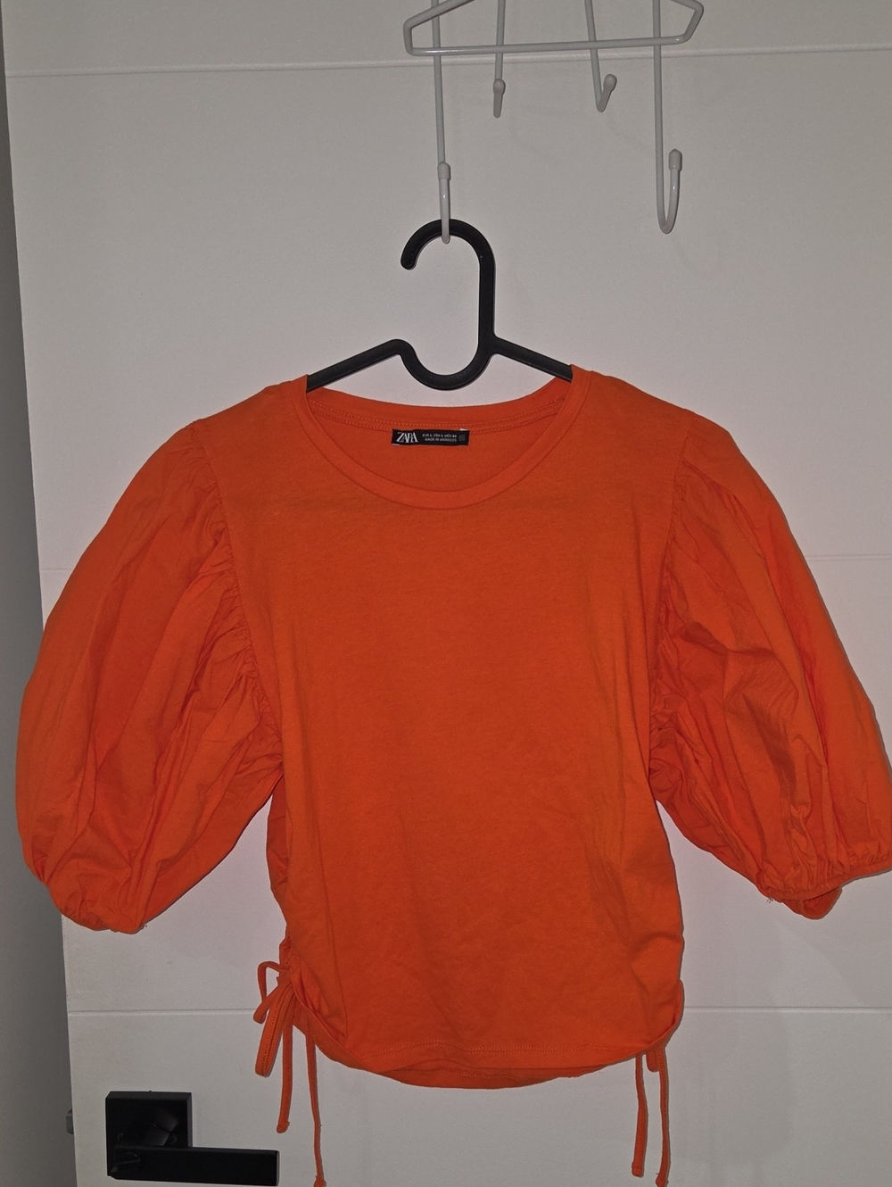 Zara Bright Orange Puff-Sleeve Tie-Hem Tee